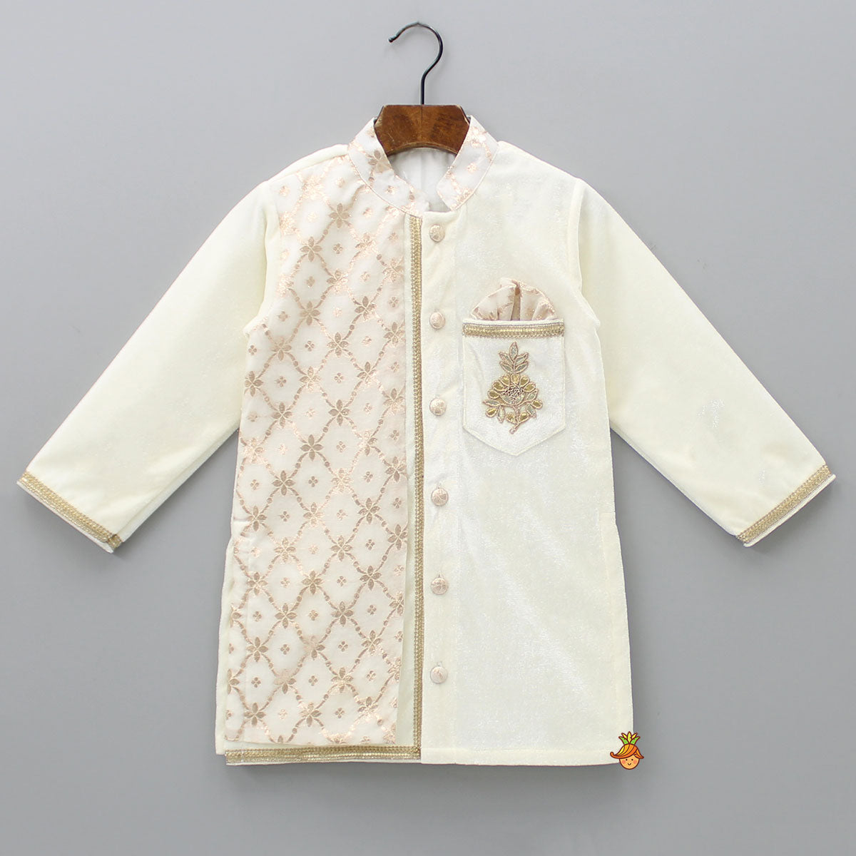 Attached Flap Off White Velvet Kurta And Pyjama