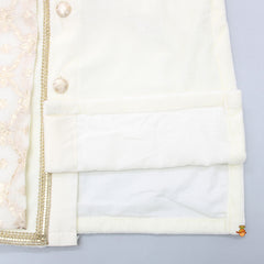 Pre Order: Attached Flap Off White Velvet Kurta And Pyjama