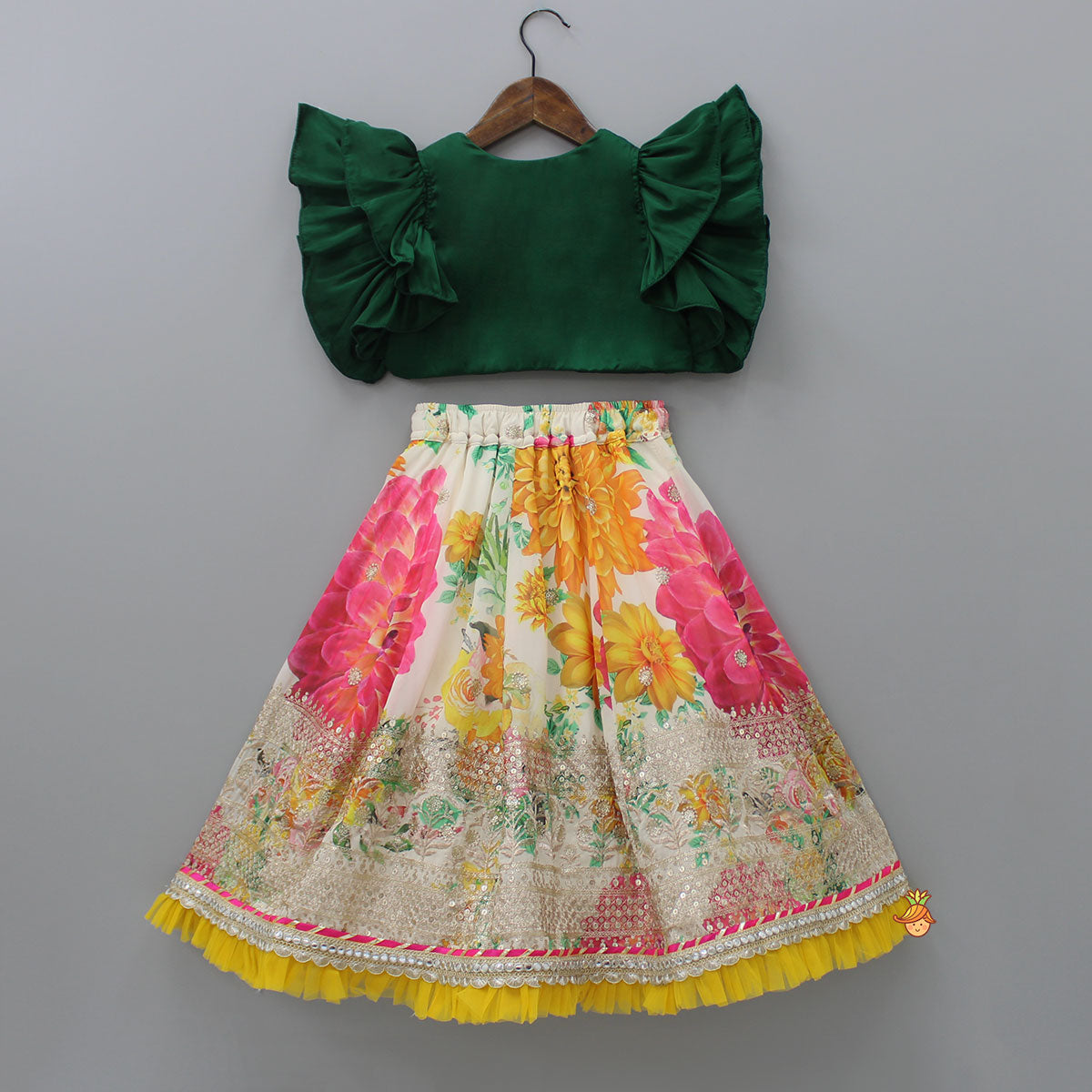 Gota Floral Work Front Open Green Top And Printed Lehenga With Dupatta