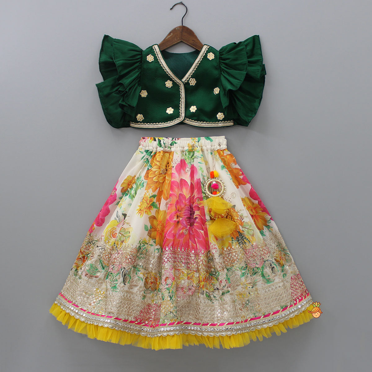 Gota Floral Work Front Open Green Top And Printed Lehenga With Dupatta