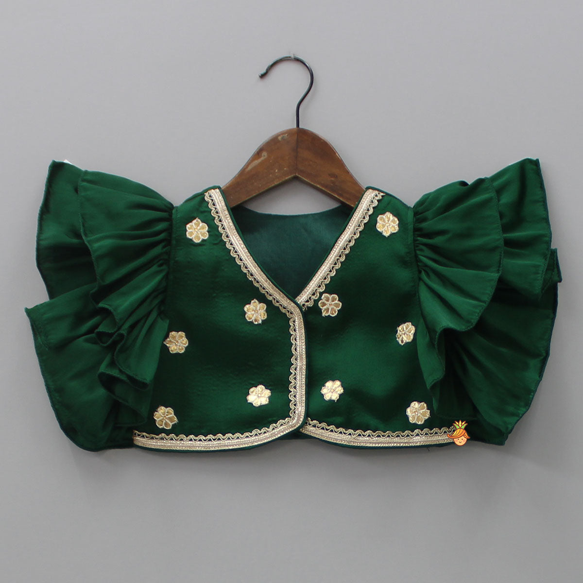 Gota Floral Work Front Open Green Top And Printed Lehenga With Dupatta