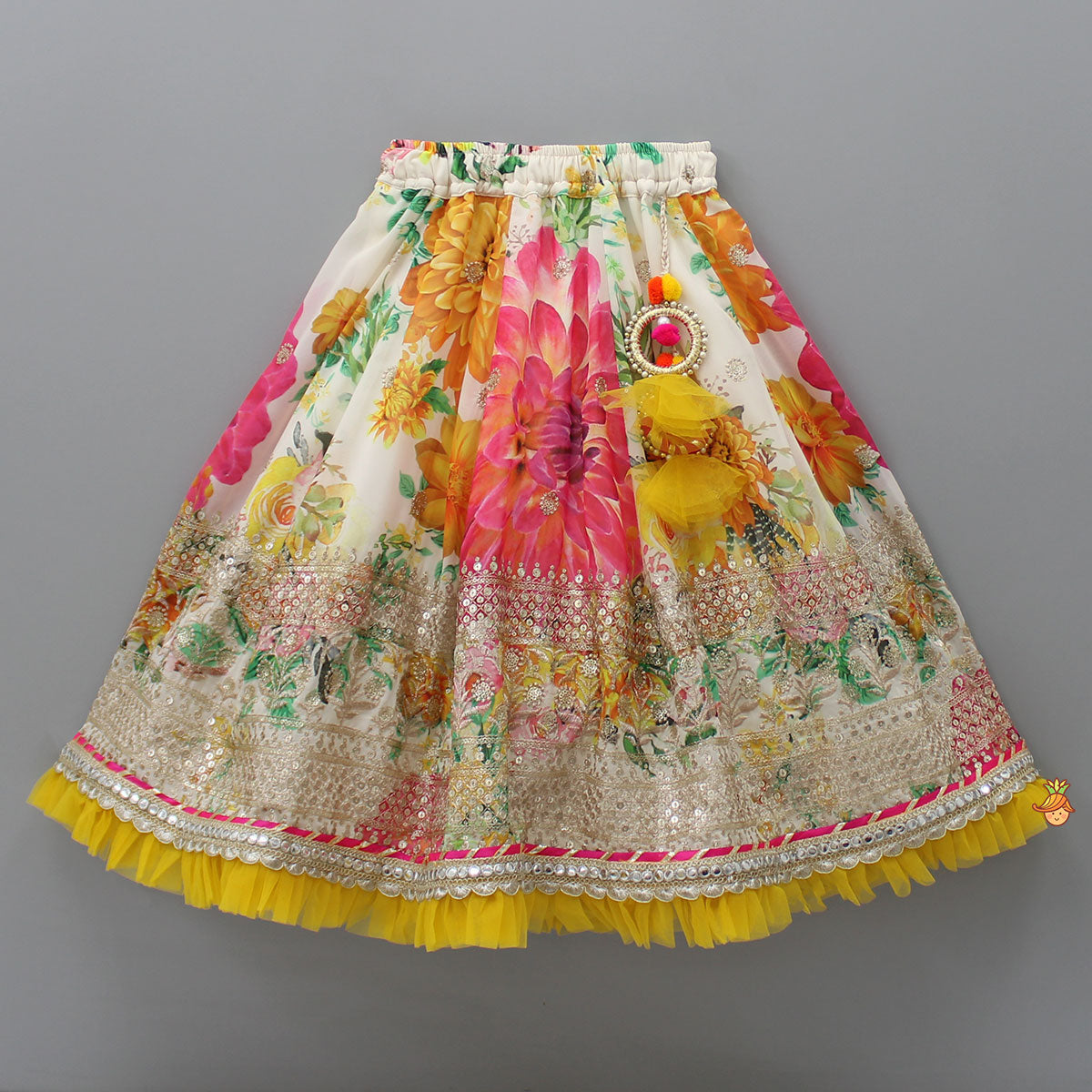 Gota Floral Work Front Open Green Top And Printed Lehenga With Dupatta
