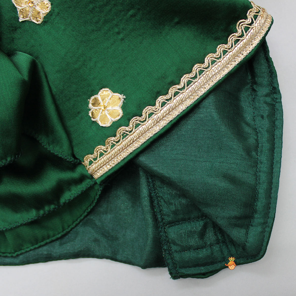 Gota Floral Work Front Open Green Top And Printed Lehenga With Dupatta