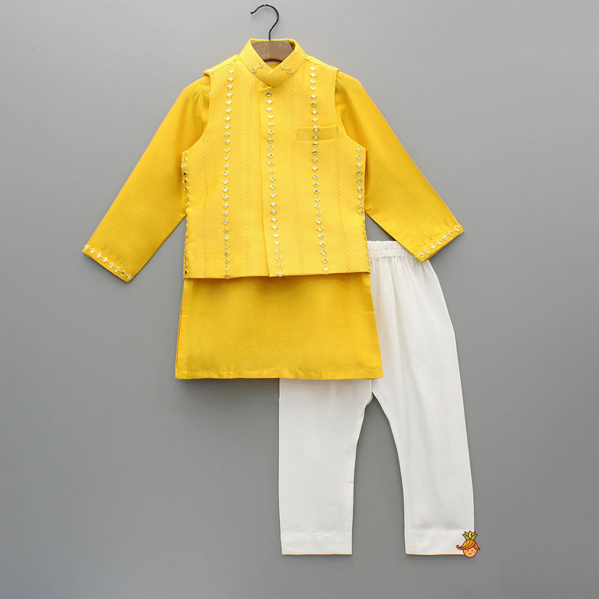 Faux Mirror Work Front Placket Yellow Kurta With Pocket Detail Jacket And Pyjama