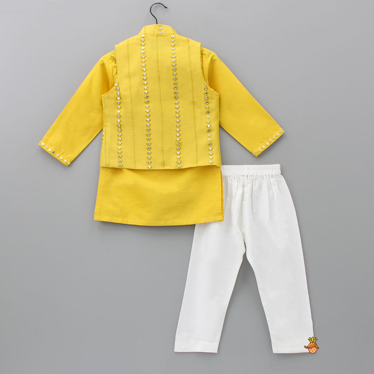 Faux Mirror Work Front Placket Yellow Kurta With Pocket Detail Jacket And Pyjama