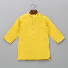Pre Order: Faux Mirror Work Front Placket Yellow Kurta With Pocket Detail Jacket And Pyjama
