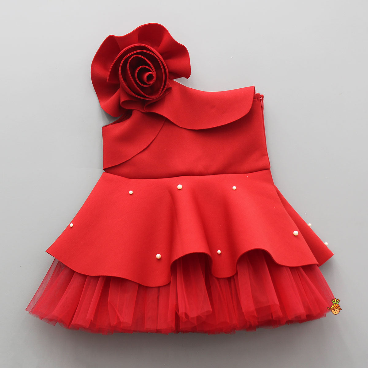 Rose Embellished Frilly Red Scuba Dress