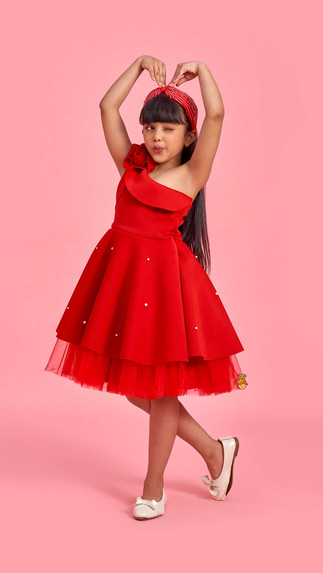 Rose Embellished Frilly Red Scuba Dress