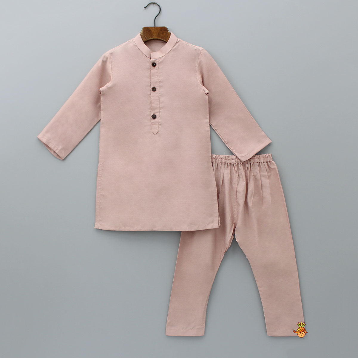 Peach Mandarin Collar Kurta With Pocket Detail Velvet Jacket And Pyjama