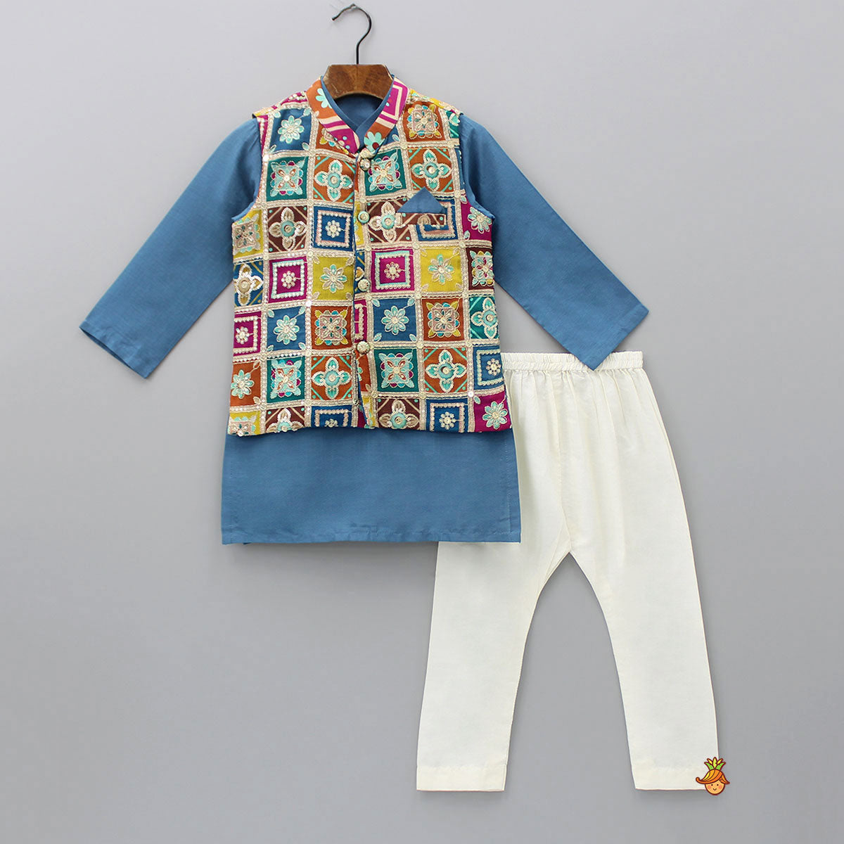 Blue Mandarin Collar Kurta With Embroidered Multicolour Jacket And Pyjama