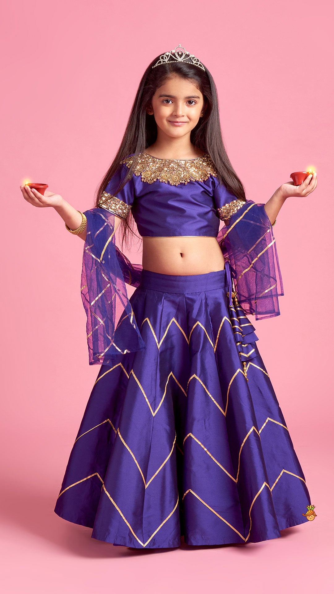 V Cut Back Embroidered Purple Top And Gota Lace Detail Lehenga With Matching Checks Dupatta