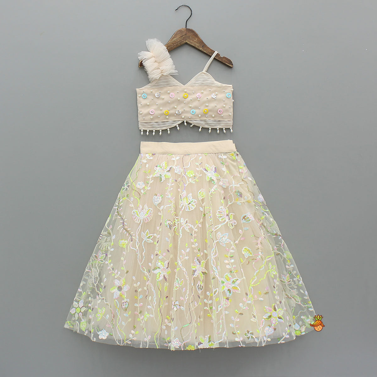 Spaghetti Straps Beige Top And Net Embroidered Lehenga With Dual Tone Stylish Dupatta