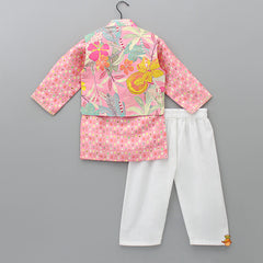 Pre Order: Lace Detailed Front Placket Mandarin Collar Pink Kurta With Floral Jacket And Pyjama