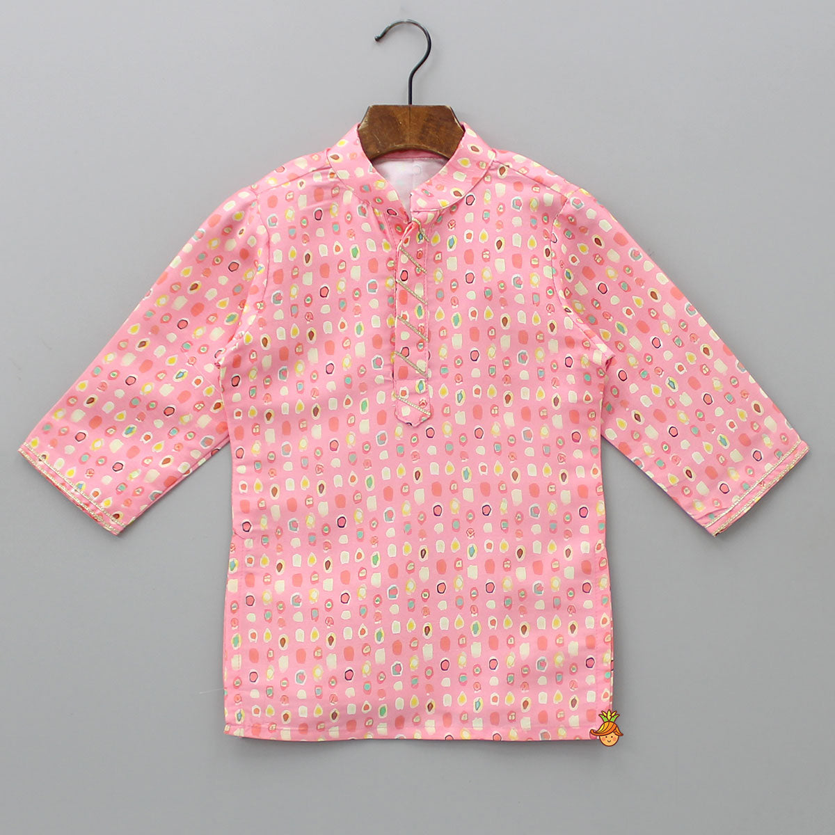 Pre Order: Lace Detailed Front Placket Mandarin Collar Pink Kurta With Floral Jacket And Pyjama