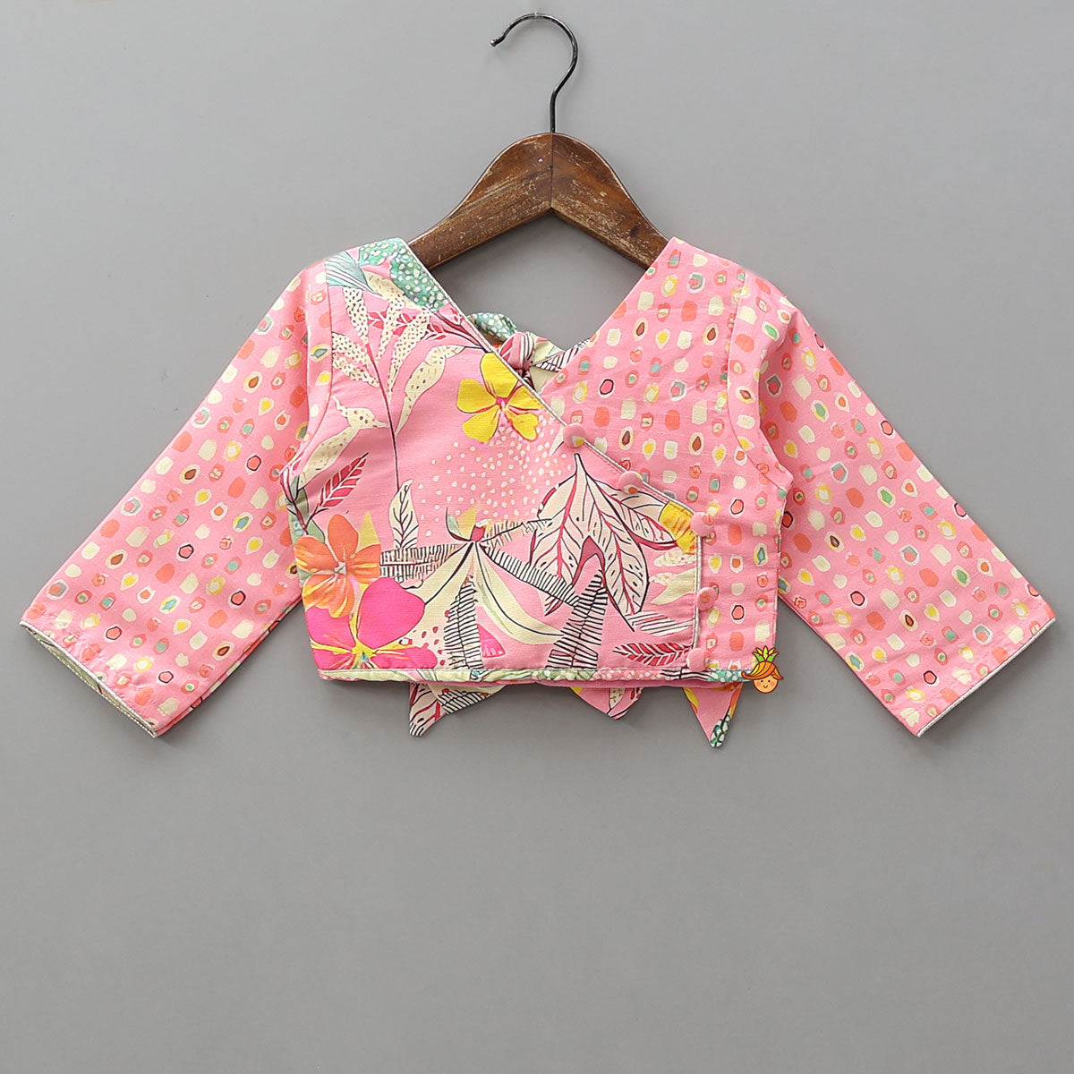 Buttons Adorned Pink Top And Scalloped Lace Work Floral Lehenga