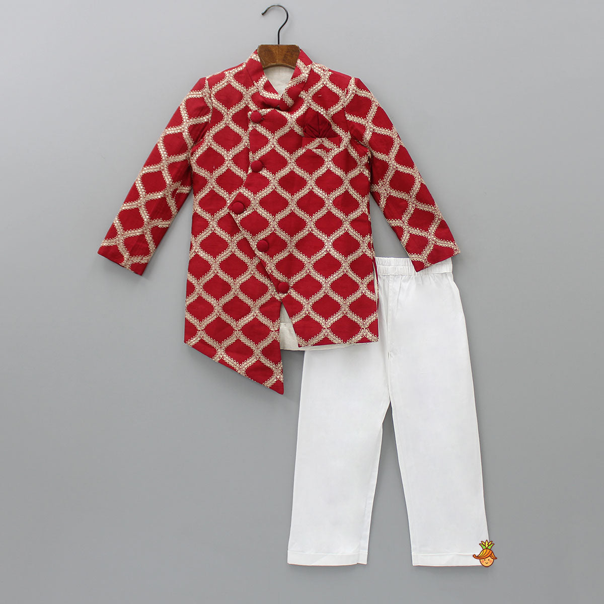 Pre Order: Elegant Red Front Open Asymmetric Sherwani And Pyjama