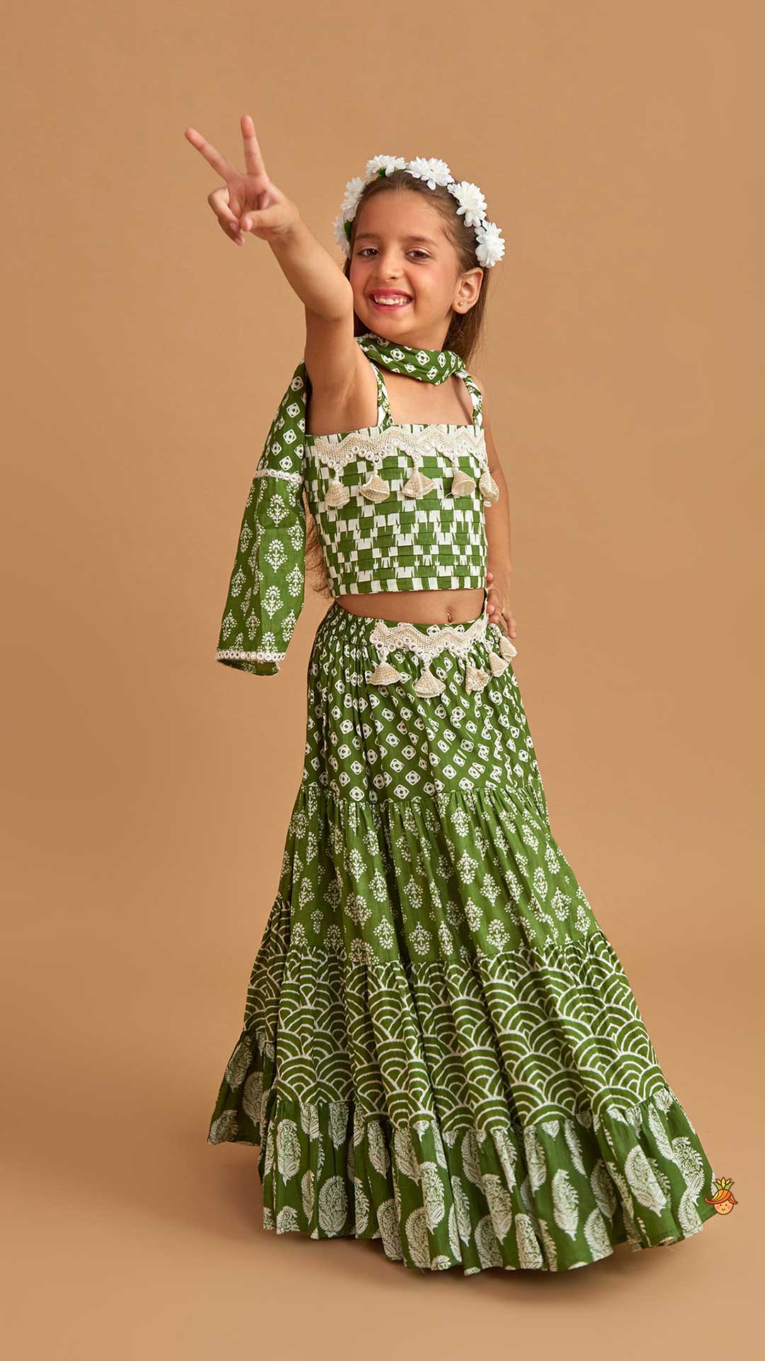 Back Criss Cross Knotted Green Top And Lehenga With Matching Dupatta
