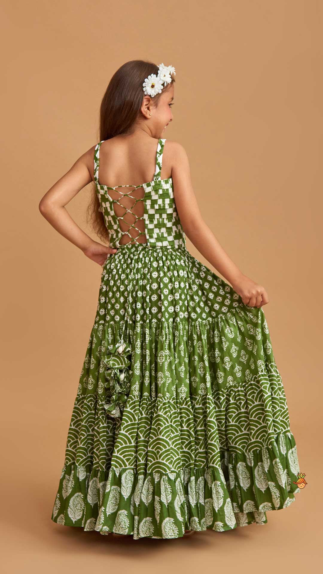 Back Criss Cross Knotted Green Top And Lehenga With Matching Dupatta