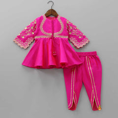 Pre Order: Potli Buttons Detail Front Open Pink Kurti And Dhoti With Net Dupatta