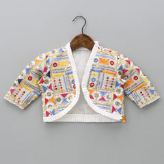 Pre Order: Off White Kurti With Multicolour Embroidered Jacket