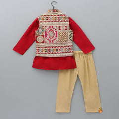Pre Order: Red Kurta With Beautiful Heavy Embroidered Jacket And Pyjama