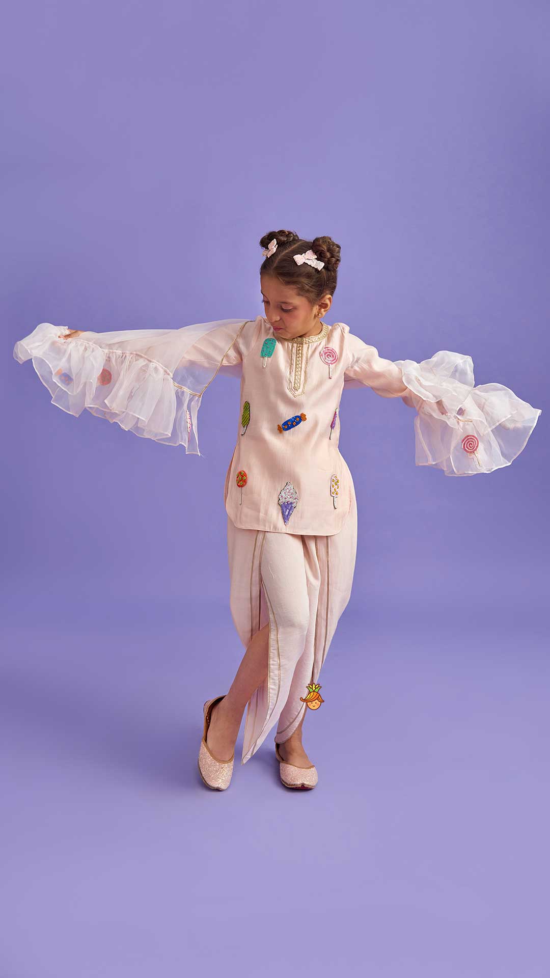 Candies Embroidered Peach Kurti And Tulip Pant With Organza Ruffle Dupatta