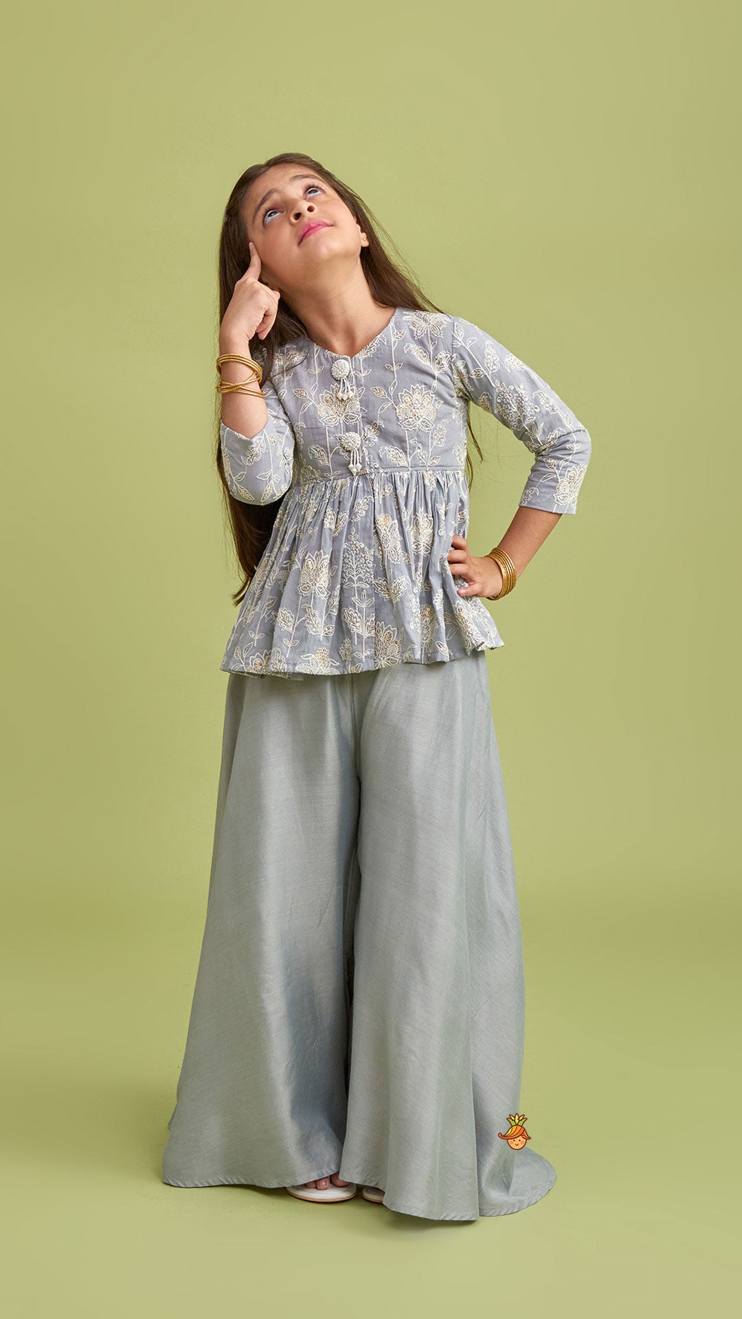 Thread And Sequins Embroidered Front Open Grey Top With Matching Divider Palazzo