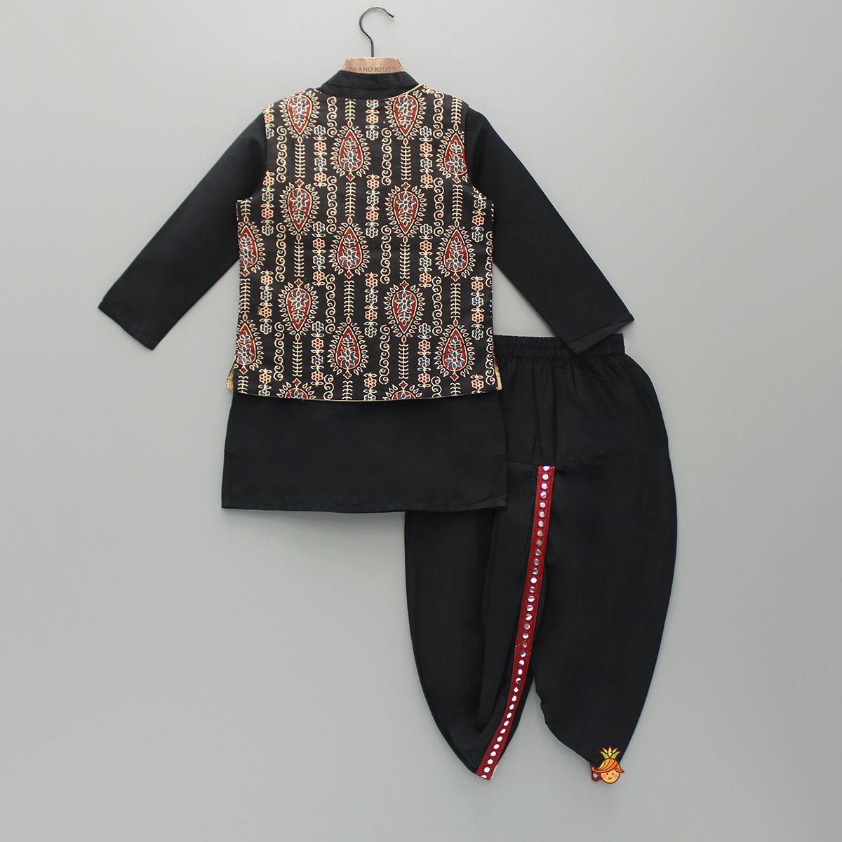 Black Kurta And Printed Jacket With Dhoti