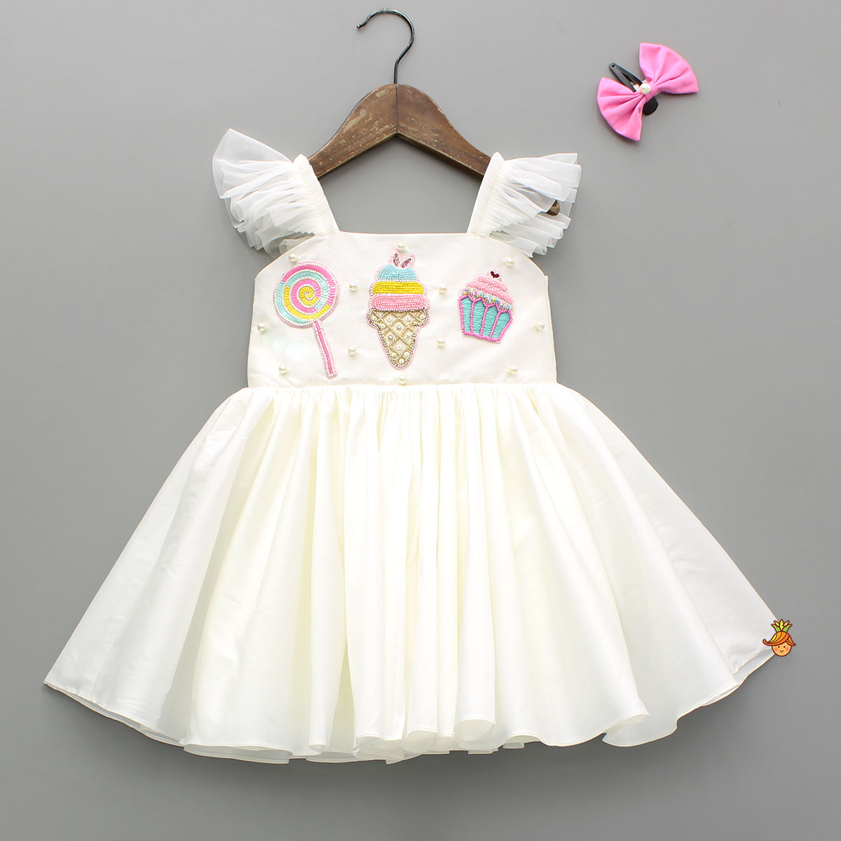 Off White Candies Embroidered Dress With Contrasting Pink Hair Clip