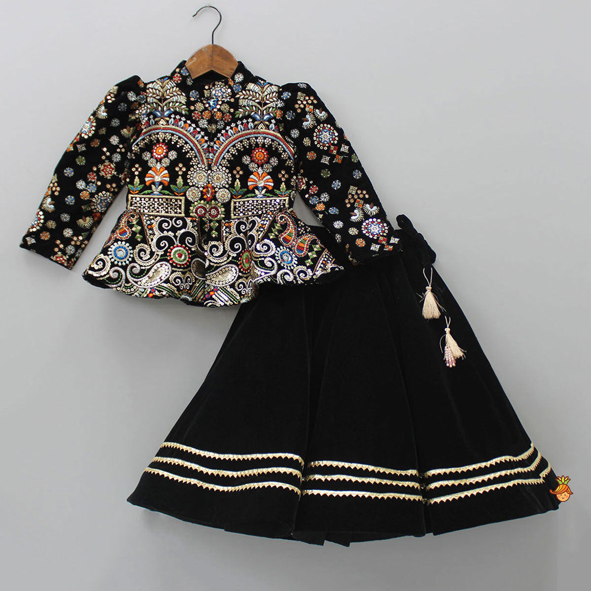 Heavy Embroidered Black Velvet Top And Gota Lace Work Flared Lehenga