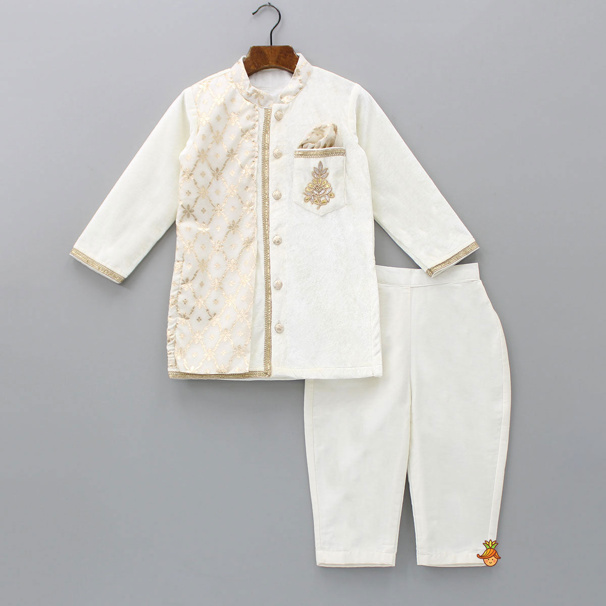 Attached Flap Off White Velvet Kurta And Pyjama