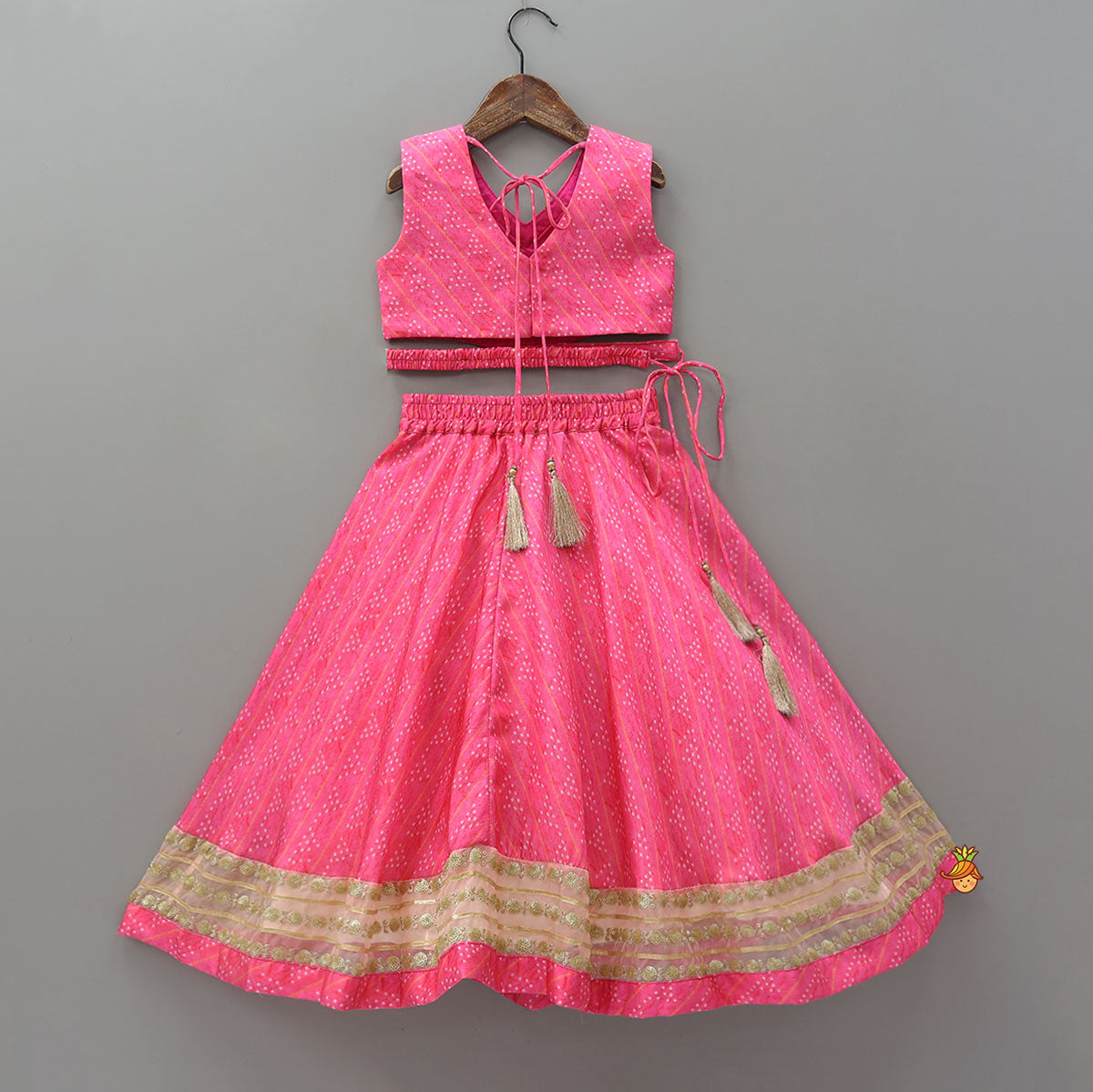 Elegant Pink Top And Fringes Tassels Detail Lehenga With Matching Dupatta
