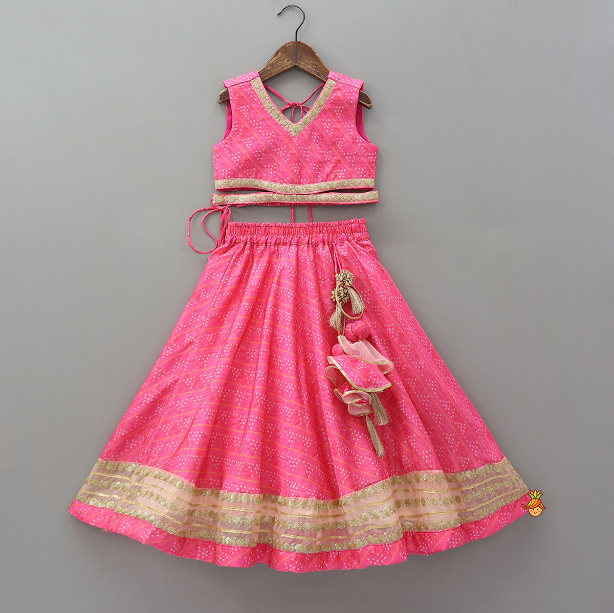 Elegant Pink Top And Fringes Tassels Detail Lehenga With Matching Dupatta