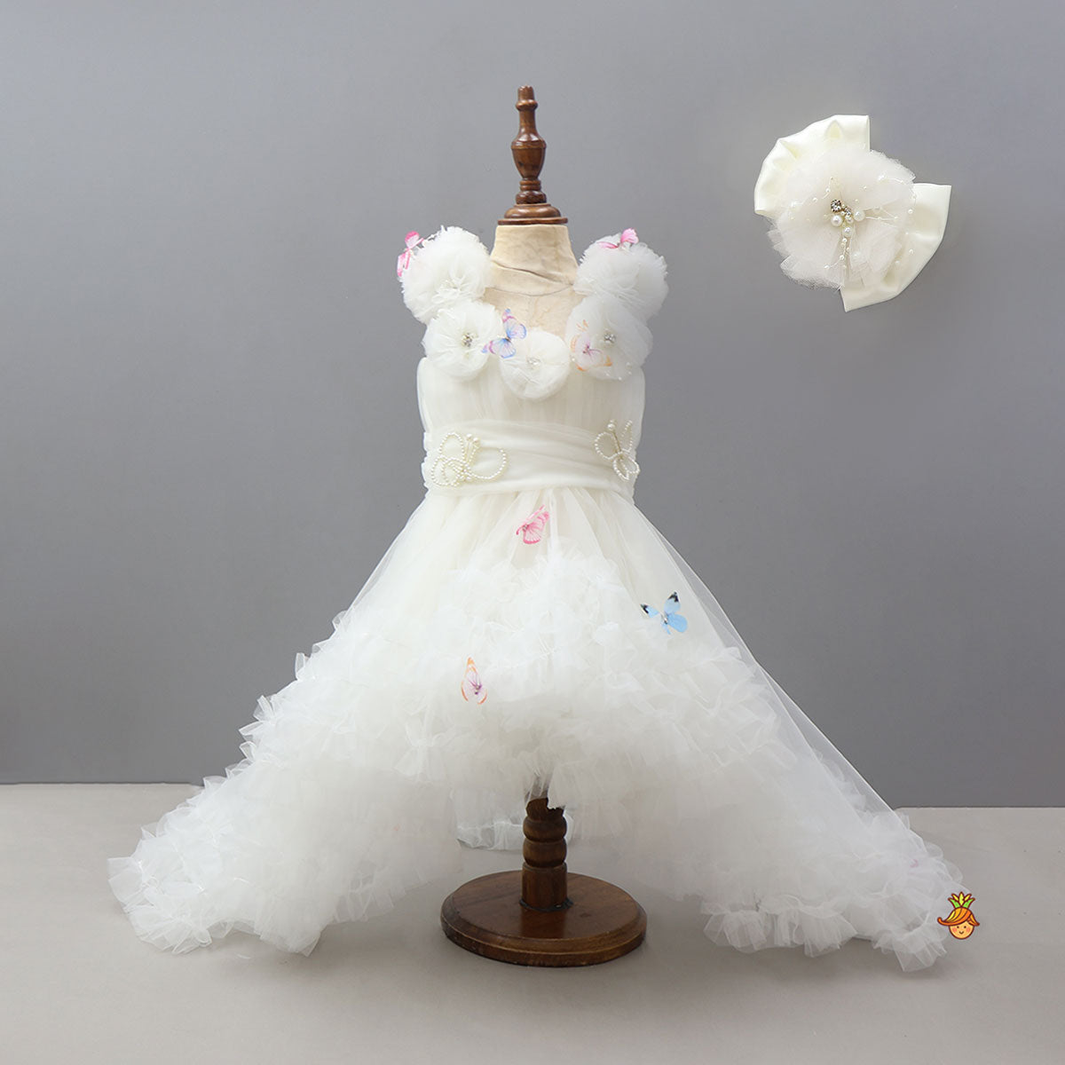 Butterfly Net Off White Trail Dress With Matching Bow Hair Clip