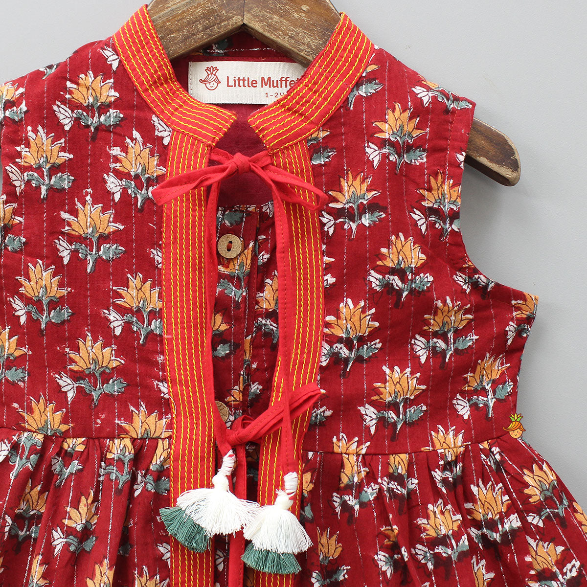 Fringes Tassels Detail Layered Jacket Style Red Kurti