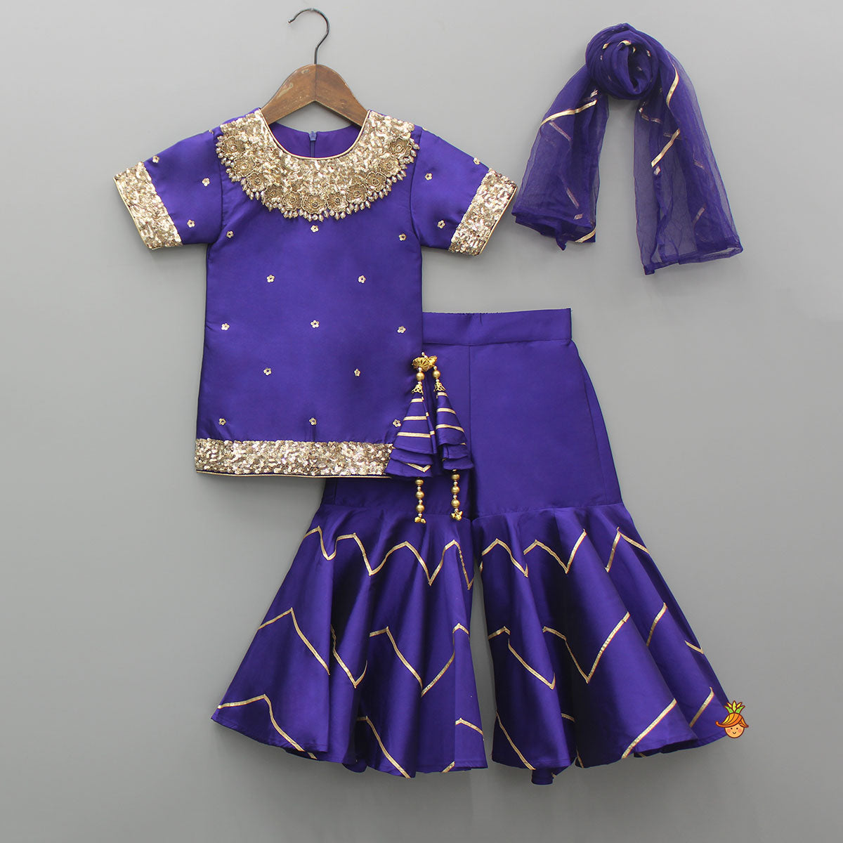 Embroidered Purple Kurti And Sharara With Net Dupatta