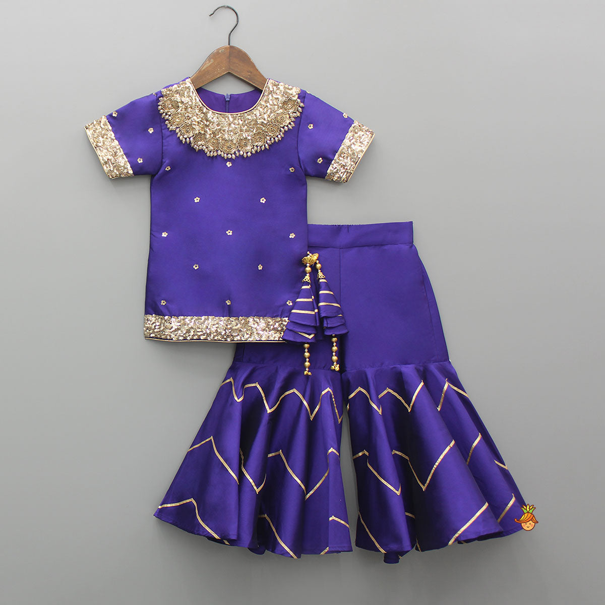 Embroidered Purple Kurti And Sharara With Net Dupatta