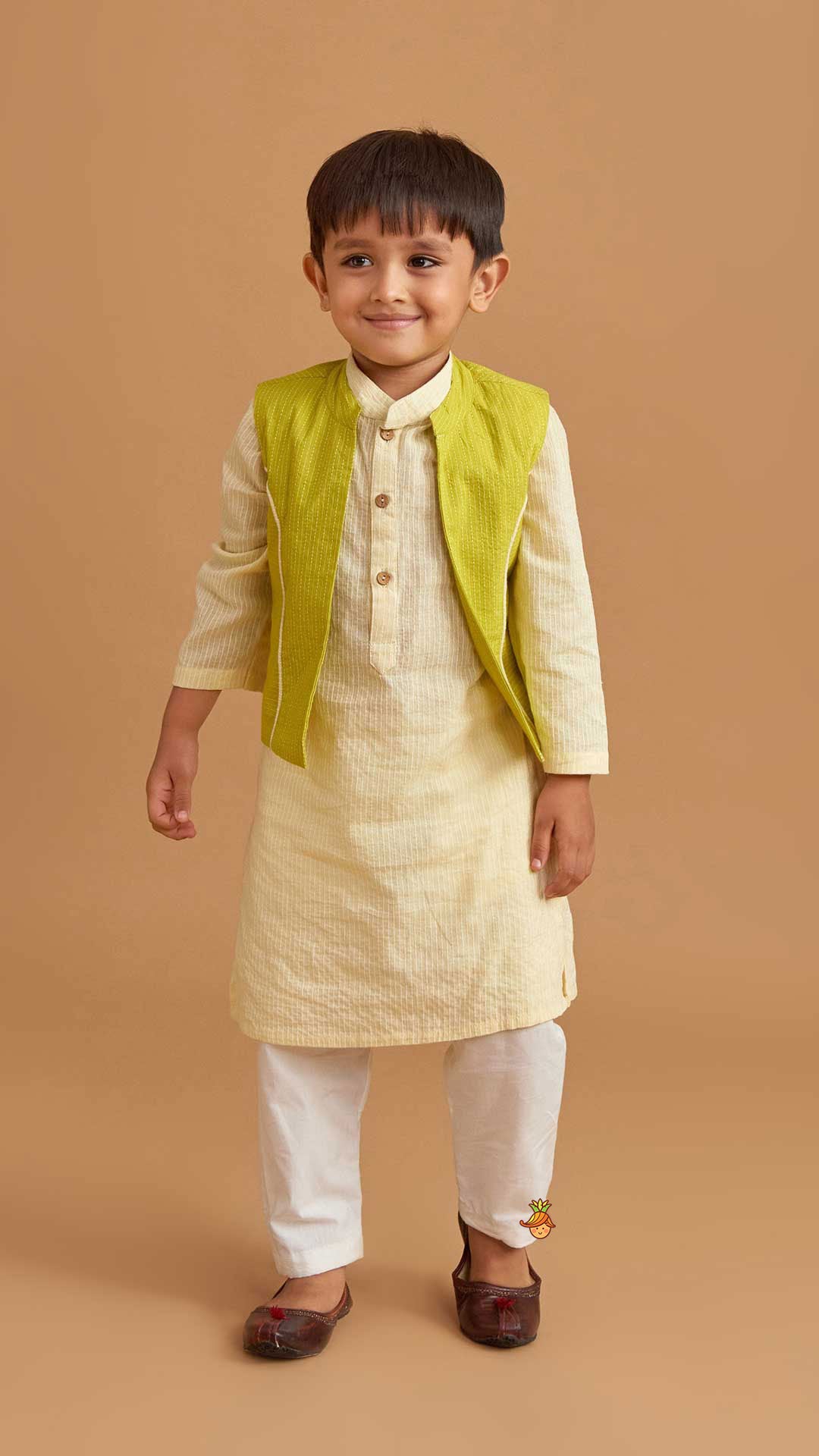 Cotton Cream Kurta With Green Jacket And Pocket Detail Pyjama