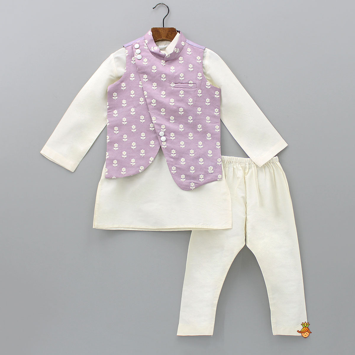 Pre Order: Off White Ethnic Kurta With Lilac Floral Embroidered Asymmetric Jacket And Pyjama