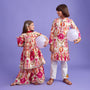 Tassels Enhanced Multicolour Printed Kurti And Sharara With Scalloped Lace Detail Pink Dupatta twinning model image 1