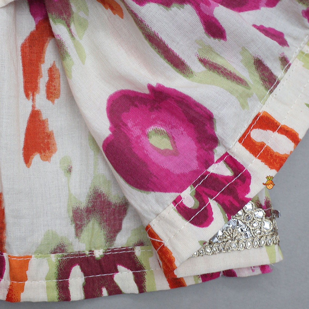 Tassels Enhanced Multicolour Printed Kurti And Sharara With Scalloped Lace Detail Dupatta