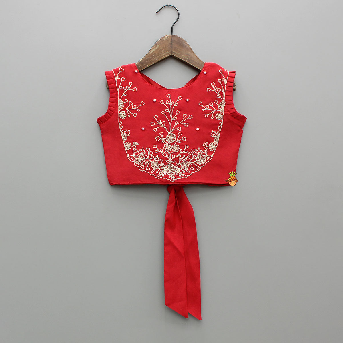 Dual Back Knot Detail Red Top And Tassels Enhanced Lehenga