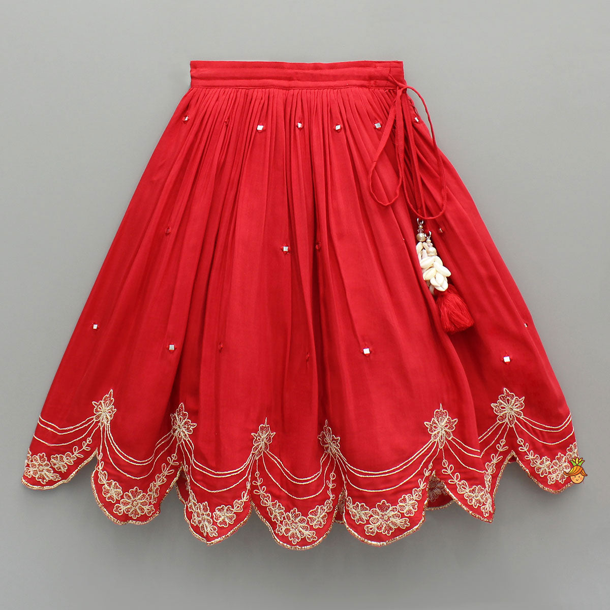 Dual Back Knot Detail Red Top And Tassels Enhanced Lehenga