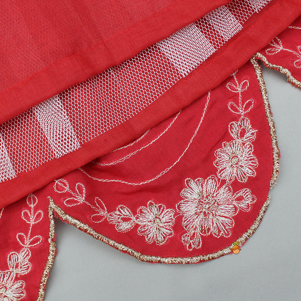 Dual Back Knot Detail Red Top And Tassels Enhanced Lehenga