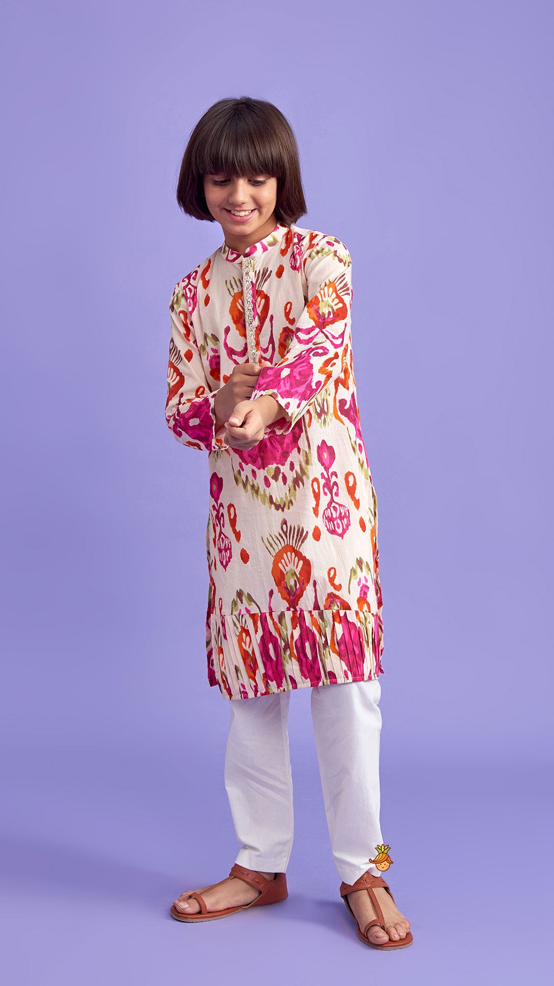 Multicolour Pleated Hem Kurta And Pyjama