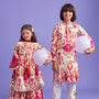 Multicolour Pleated Hem Kurta And Pyjama twinning model image 2