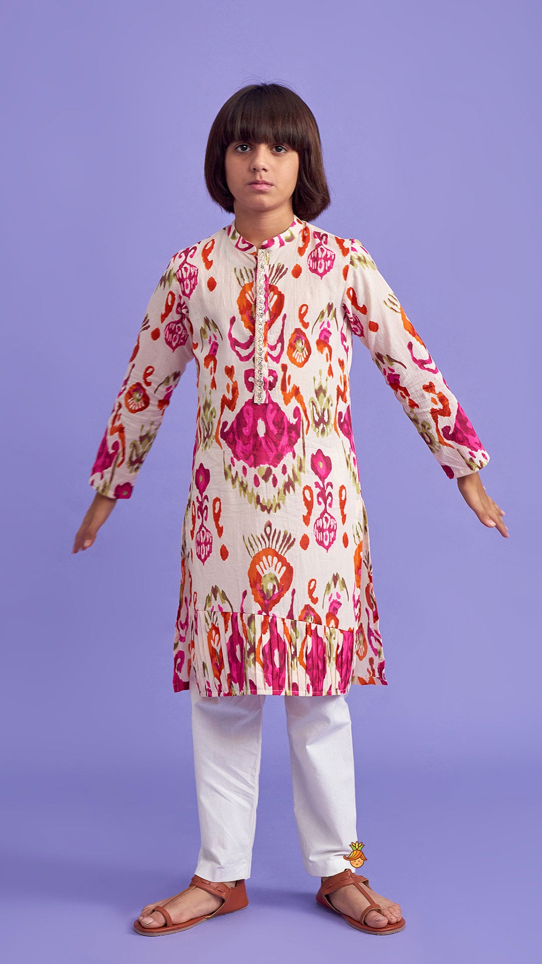 Multicolour Pleated Hem Kurta And Pyjama