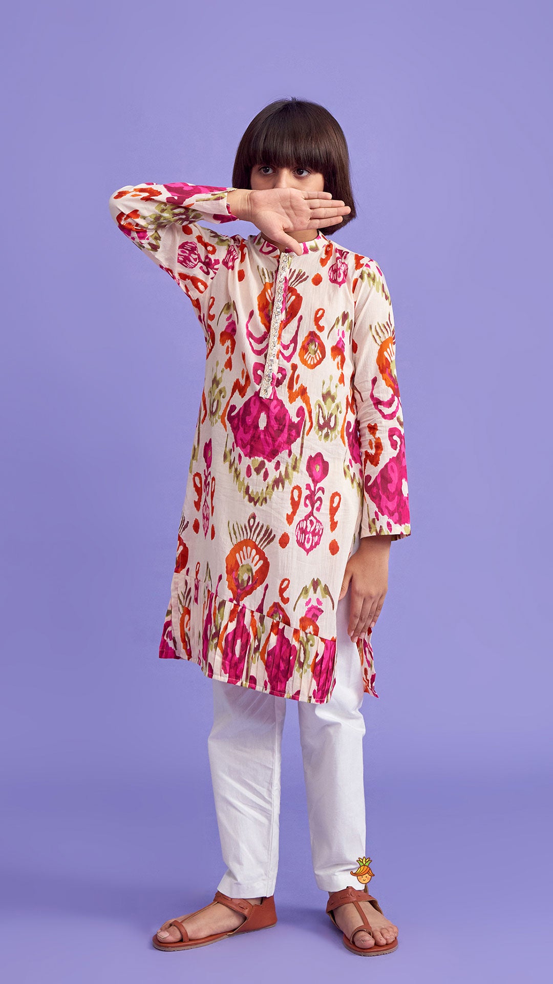 Multicolour Pleated Hem Kurta And Pyjama