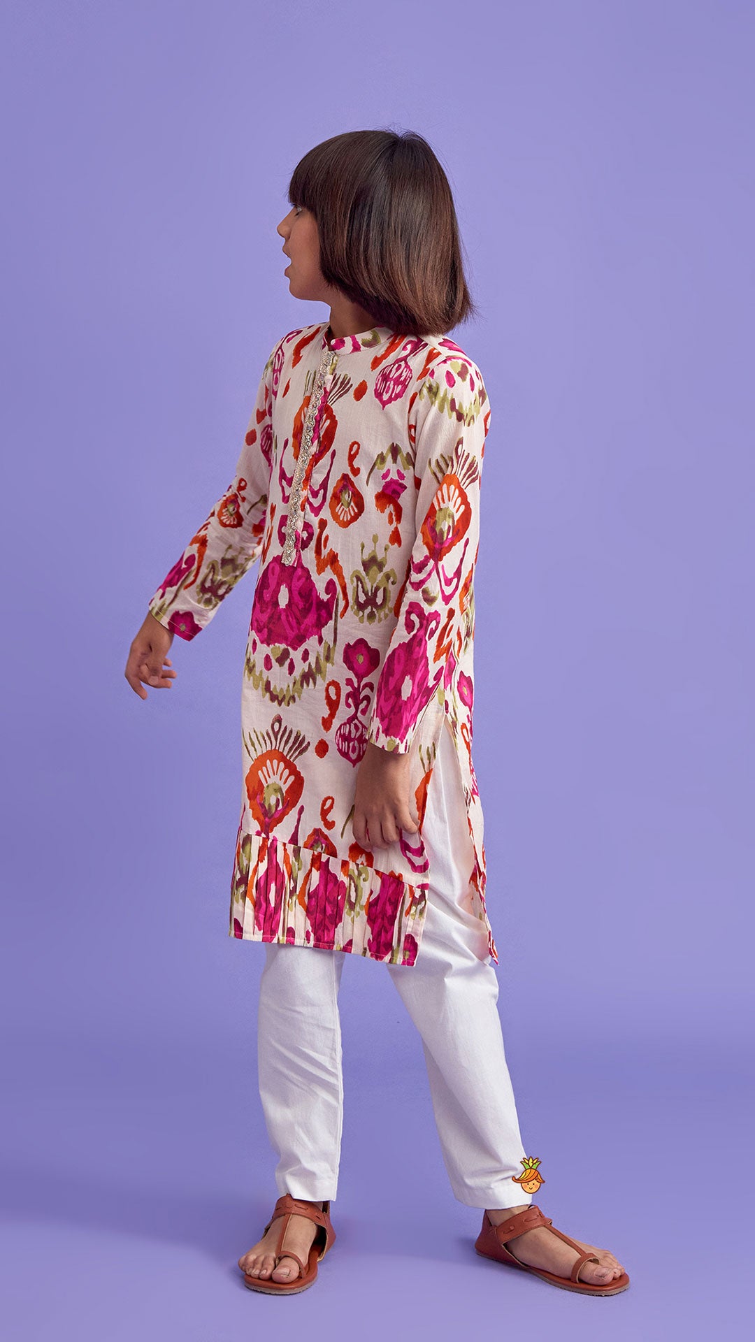 Multicolour Pleated Hem Kurta And Pyjama