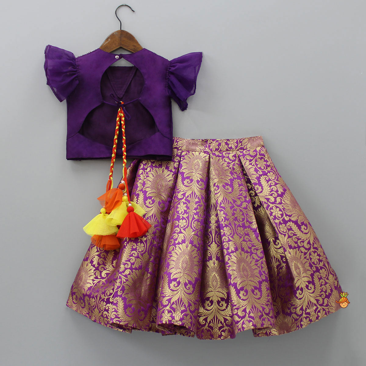 Stylish Cut Out Back Purple Top And Box Pleated Brocade Lehenga